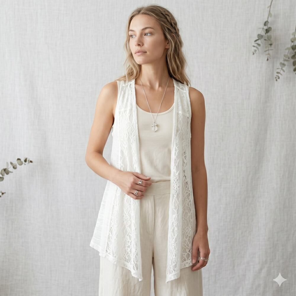 Hem & Thread White Lace Open Front Cotton Blend   Vest Small